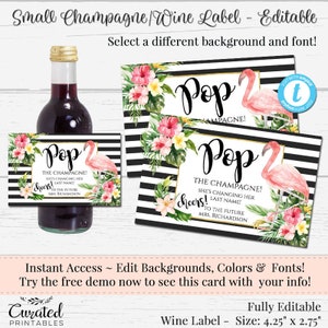 Mini Champagne Label, Editable Wine Label, Small DIY Wine Label, DIY Wine Label, Instant Bottle Label, Mini Champagne Label, Flamingo