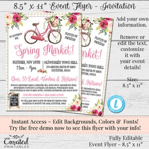 Frühlingsmarkt-Flyer, kundenspezifischer Flyer, Verkäufer-Flyer, Markt-Flyer, DIY-Vorlage, Marketing, bearbeitbare Verkäufer-Flyer, Blumenfahrrad-Flyer