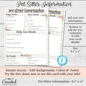 Pet Sitter Information, Dog Sitter Guide, Cat Sitter Info, Editable Flyer, DIY Template, Pet Care Guide, Dog Sitting