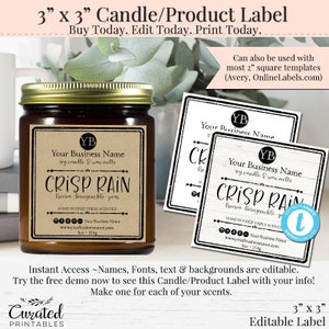 Vintage Rustic Square Product Label, Editable Label, Product Label, DIY Candle Label, 3 Inch Square, Instant Download Sticker, Crisp Rain