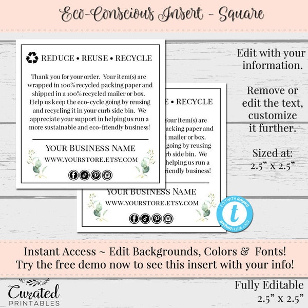 Eco-Conscious Cards, Package Inserts, Order Inserts, Recycle Card, Instant Download, Editable Business Template, Reuse Recycle Card, 2.5