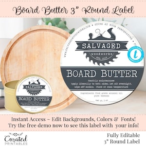 Board Butter Label, DIY Product Label, Editable Round Label, Beeswax Label, Wood Polish Label, Editable 3 Inch Label, Cutting Board Care