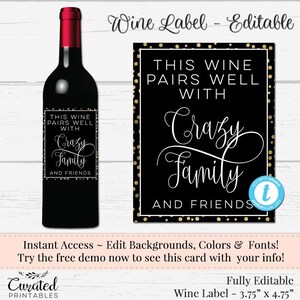 Editable Wine Label, Funny Wine Label, Custom Wine Label, DIY Wine Label, Instant Bottle Label, Family Wine Label, DIY Label, Crazy Family