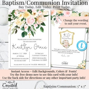 Baptism Invitation, Christening Invitation, First Holy Communion Invite, Printable DIY, Instant Download, DIY Invite, Editable Invitation