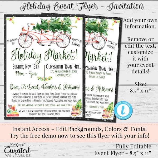 Holiday Event Flyer, Custom Flyer, Vendor Flyer,Fall Market Flyer, DIY Template, Marketing, Editable Vendor Flyers, Vintage Christmas Bike