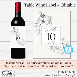 Etichetta per vino con numero di tavolo, etichetta per vino modificabile, etichetta per vino da matrimonio, etichetta per vino fai da te, etichetta per bottiglia istantanea, adesivo scaricabile, botanico