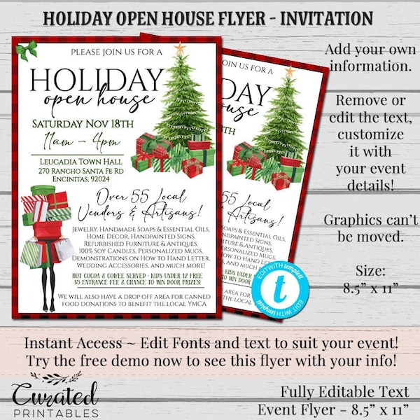 Holiday Open House Flyer, Christmas Flyer, Holiday Invitation, Craft Fair Flyer, Christmas Party Flyer, Tree Invitation, Holiday Invite