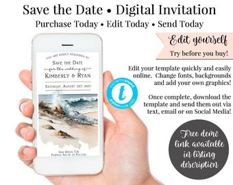 Tropical Beach Save The Date, Digital Wedding Invitation, Smartphone Invitation, Text Invite, Wedding Save the Date, Coastal Wedding