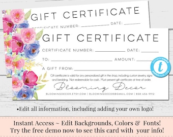 editable gift certificate voucher printable gift cert diy etsy