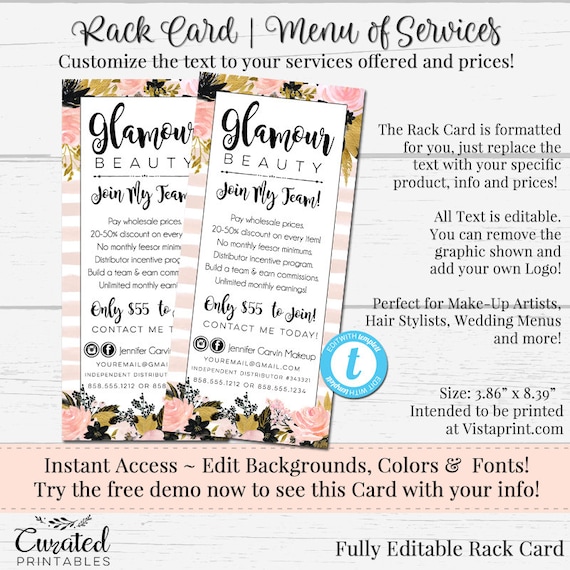 Glamour Rack Card Makeup Artist Menu Hair Stylist Services Etsy