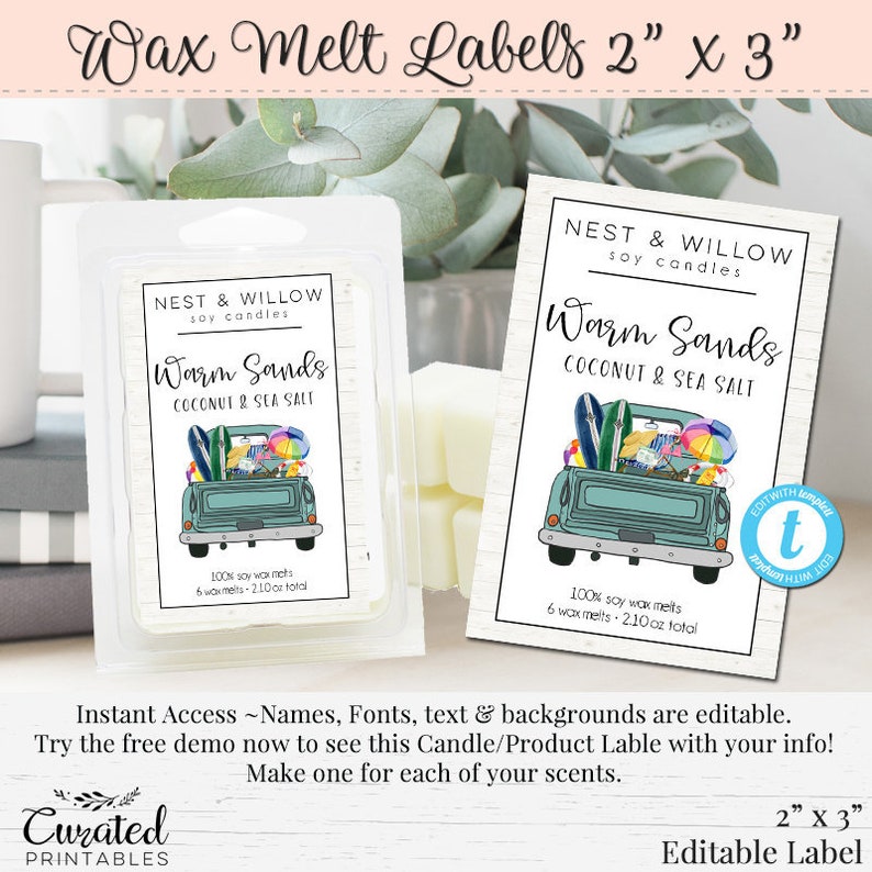 wax melts teal truck label editable label diy product label etsy