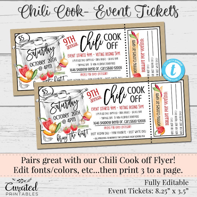 Chili Cook Event Tickets, Chili Contest,Voting Ballot, Chili Cook Off Voting, DIY Template, Marketing, Editable Vendor Flyers, DIY Ticket image 1