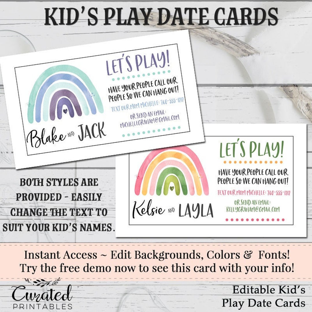 Kid's Play Date Card, Editable Calling Card, Children's Playdate Care ...