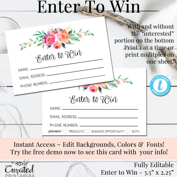 Enter To Win, Raffle Card, Prize Entry Ticket, Home Party Template, Business Marketing,Editable Forms, DIY Entry Form, Oh Carolina 2