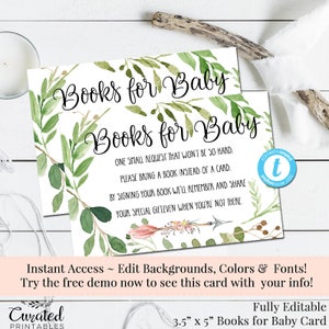 Boeken voor baby, boekverzoek invoegen, babyshower, uitnodiging boho-feestje, uitnodiging, afdrukbare DIY, direct downloaden, bewerkbare uitnodiging