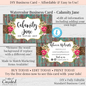 Leopard Floral Business Card, Editable Card, Business Card Template, DIY Business Card, Instant Download Card, Editable Card, Calamity Jane