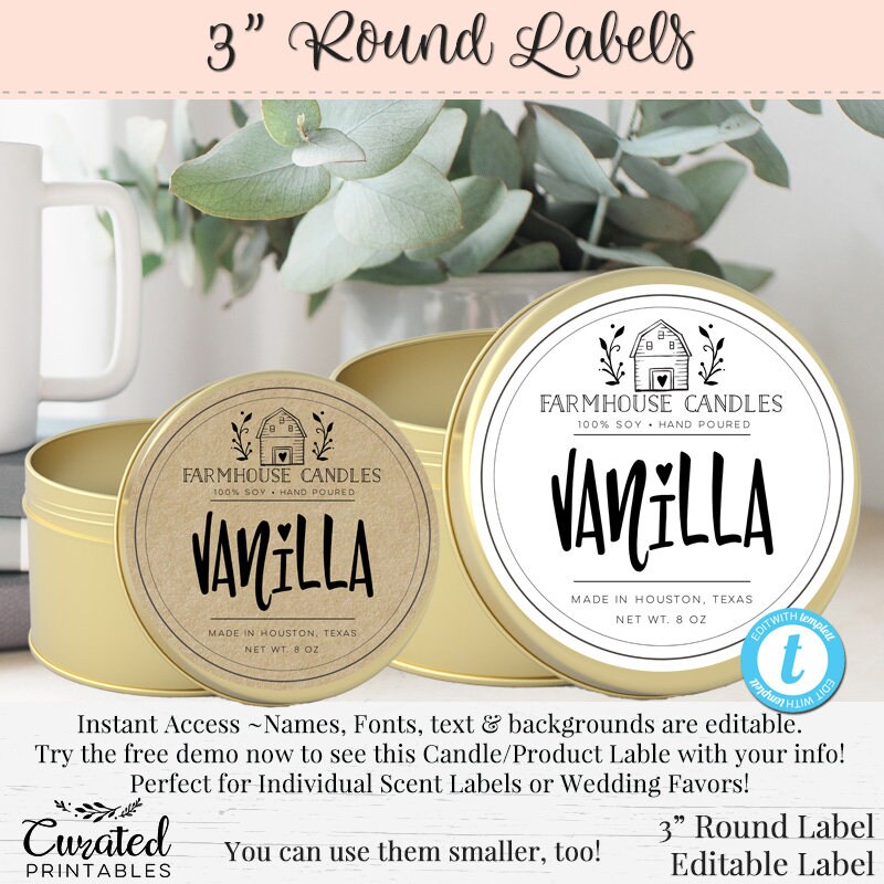 3 Inch Round Candle Labels, Mason Jar Label, Editable Labels, DIY Food  Labels, Canning Product Labels, DIY Labels, Farmhouse Label 