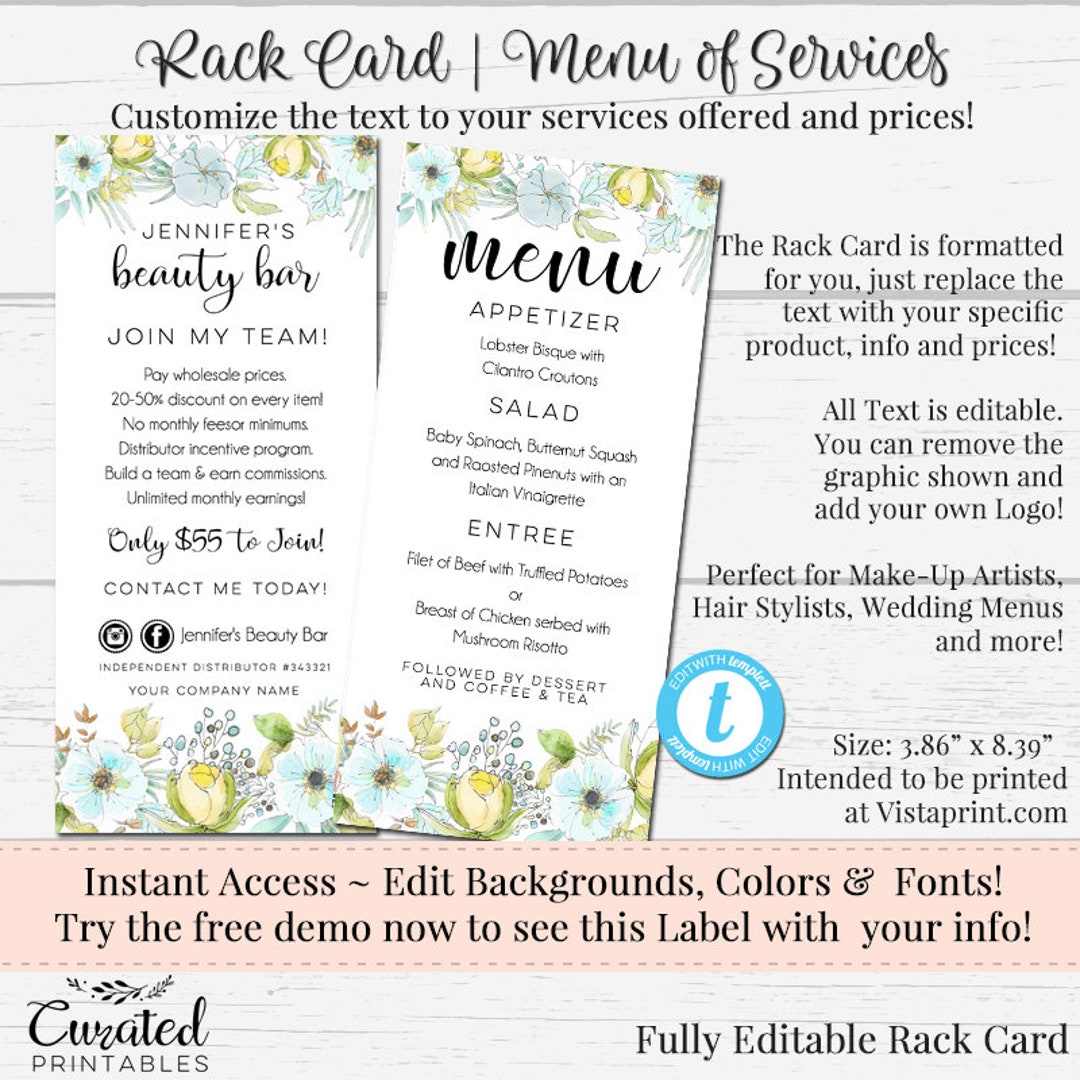 Blue Wildflower Rack Card, Makeup Artist Menu, Home Decor Services ...