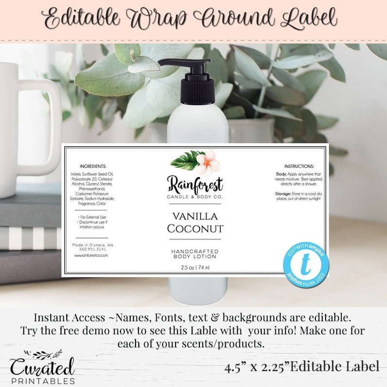 Wrap Around Bottle Label Editable Bottle Label DIY Bottle Etsy Australia