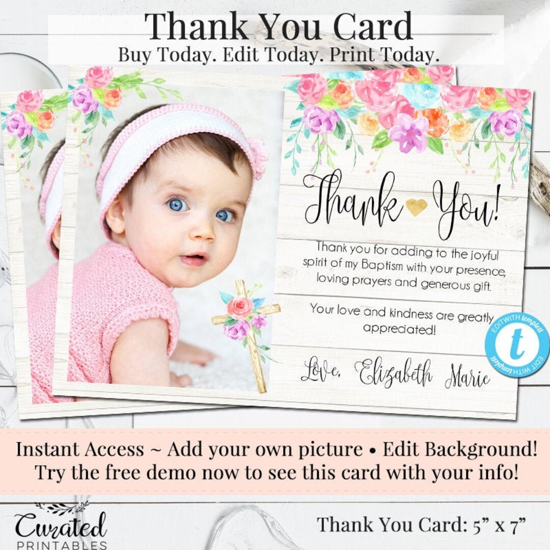 DIY Thank You Card, Baptism Card, Christening Thank You, Editable Thank