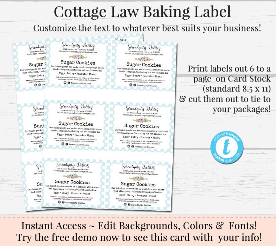 Cottage Law Label Bakers Label Cookie Product Label DIY Etsy