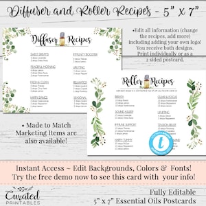 Könnte beinhalten: Druckbare 12,7x17,8 cm große Karten mit Rezepten für ätherische Öle mit einem Aquarell-Design aus grünen Blättern. Die Karten enthalten eine Liste von Rezepten für verschiedene ätherische Ölmischungen, darunter "Sweet Dreams", "Peaceful Morning", "Fresh & Clean", "Happy Dance", "Immunity Booster", "Uplifting", "Relaxation", "Seasonal", "Breath", "Sound Asleep", "Immune Support", "Happy Tummy", "Clear & Focus", "Uplifting", "Tension Relief" und "Wind".