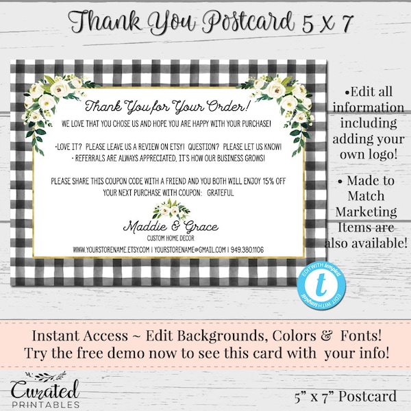 Buffalo Check Postcard, Thank You Postcard, Thank You Insert, Rustic Postcard, 5 x 7 Postcard, DIY Postcard, Editable Postcard, Maddie Grace