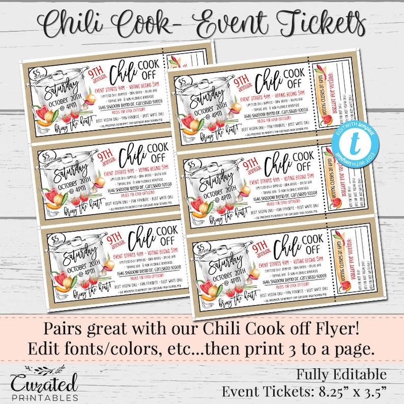 Chili Cook Event Tickets, Chili Contest,Voting Ballot, Chili Cook Off Voting, DIY Template, Marketing, Editable Vendor Flyers, DIY Ticket image 2