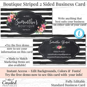 Striped Floral Business Card, Business Card, Watercolor Card Template, DIY Business Card, Instant Download Card, Editable Card, Oh Carolina
