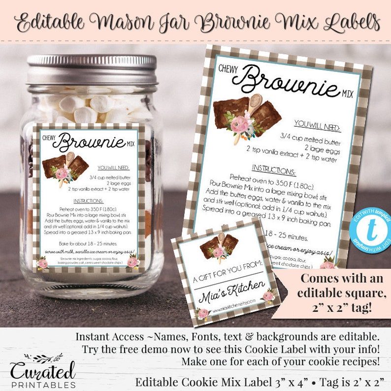 mason jar brownie mix label editable label diy label etsy