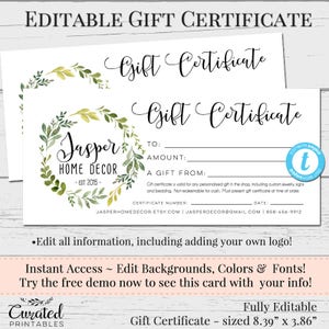 Editable Gift Certificate, Voucher, Printable Gift Cert, DIY Gift Certificate, Instant Download, Business Templates, Shop Voucher, Printable