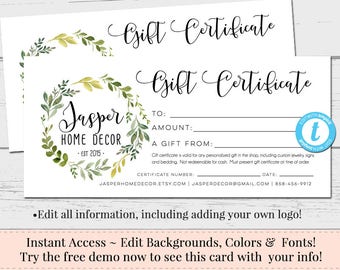 editable gift certificate voucher printable gift cert diy gift certificate instant download