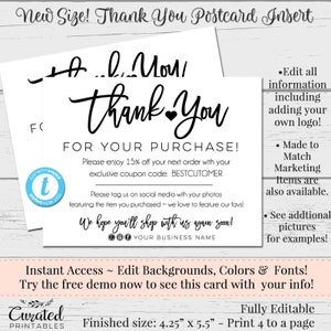 Instant Thank You Cards, Editable Postcards, Package Inserts, Order Inserts, Thank You Card, Instant Download Postcard, Editable Template
