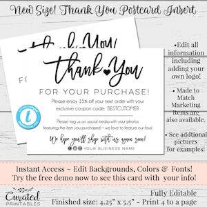 Instant Thank You Cards, Editable Postcards, Package Inserts, Order Inserts, Thank You Card, Instant Download Postcard, Editable Template