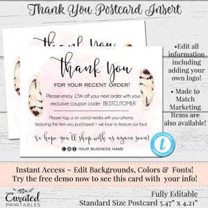 Thank You Postcards, Editable Postcards, Package Inserts, Order Inserts, Custom Thank You Card, Instant Download Postcard, Templett