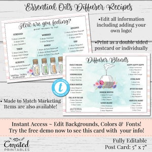 May include: A printable postcard with a watercolour background featuring a diffuser and floral designs. The postcard includes a list of essential oil diffuser recipes for different moods, such as stressed, worried, anxious, tired, bored, and sad. The postcard also includes a list of diffuser blends, such as Happy Happy Happy, Stink Away, After the Rain, and Grateful Heart. The postcard is fully editable and measures 5 inches by 7 inches.