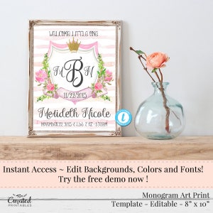 Nursery Print, Monogram Crest, Baby Gift, Watercolor Initials, Nursery Wall Art, Baby Girl Shower, Printable Art 8 x 10, Monogram Decor