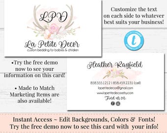 Antler & Floral Business Card, Watercolor Card, Business Card Template, DIY Business Card, Instant Download Card, Editable Card, Templett