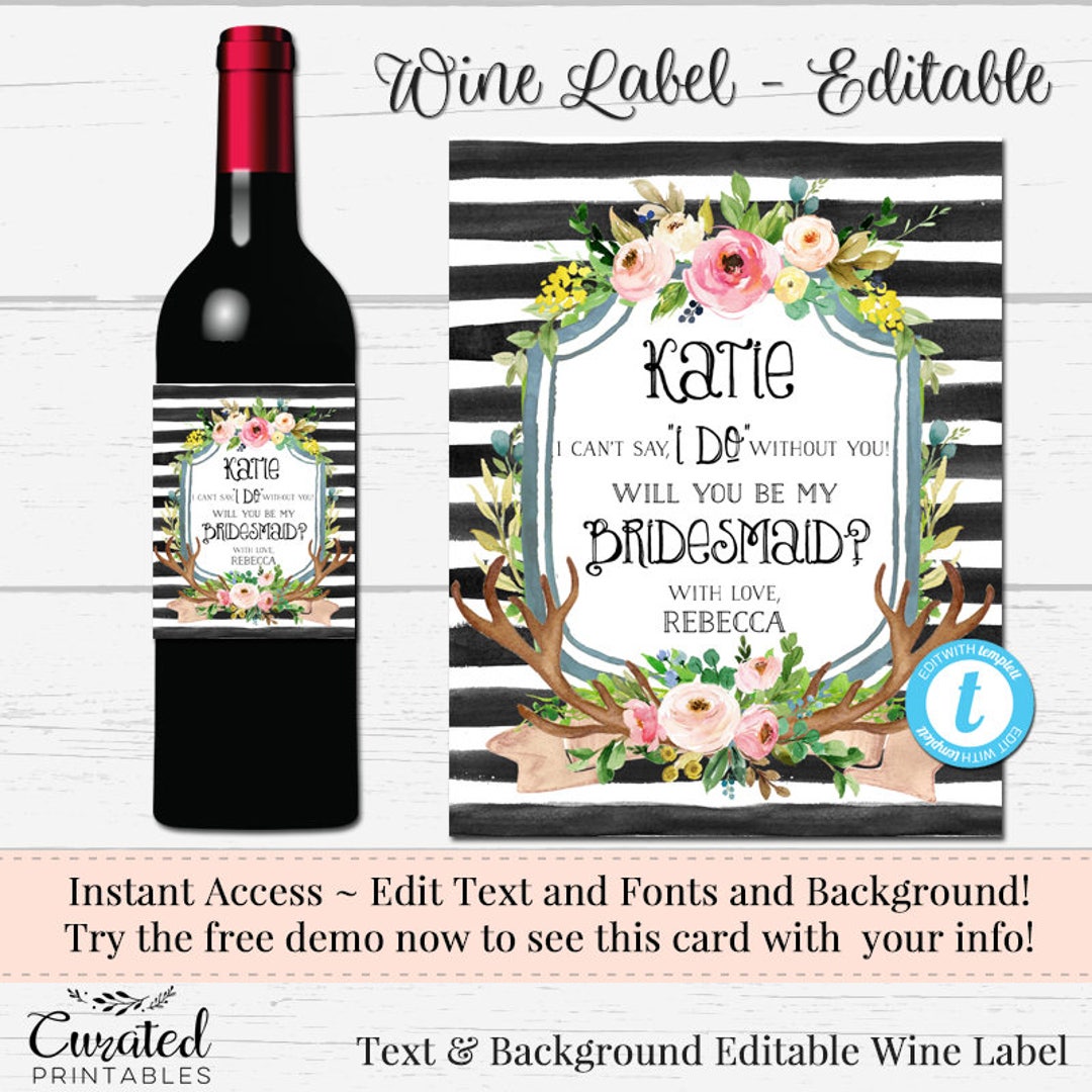 Bridesmaid Wine Label, Editable Wine Label, Custom Wedding Wine Label ...