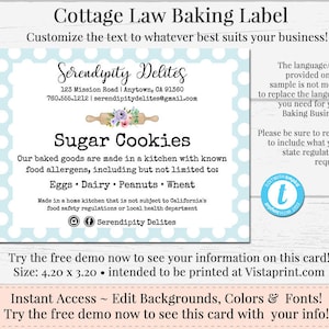 Cottage Law Label, Bakers Label, Cookie Product Label, DIY Ingredient Label, Instant Download Sticker, Editable Label, Templett