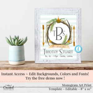 Nursery Print, Monogram Crest, Baby Gift, Watercolor Initials, Nursery Wall Art, Baby Boy Shower, Printable Art 8 x 10, Monogram Decor