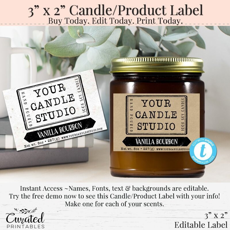 Rustic Candle Label, Editable Label, Bath Product Label, DIY