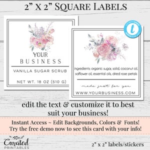 Square Product Label, Editable Label, Bath Product Label, DIY Ingredient Label, 2 Inch Square, Instant Download Sticker, Editable Sticker