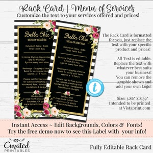 Black & White Striped Rack Card, Makeup Artist Menu, Home Decor Services, Rack Card, Editable Rack Card, Menu Rack Card, Bella Chic