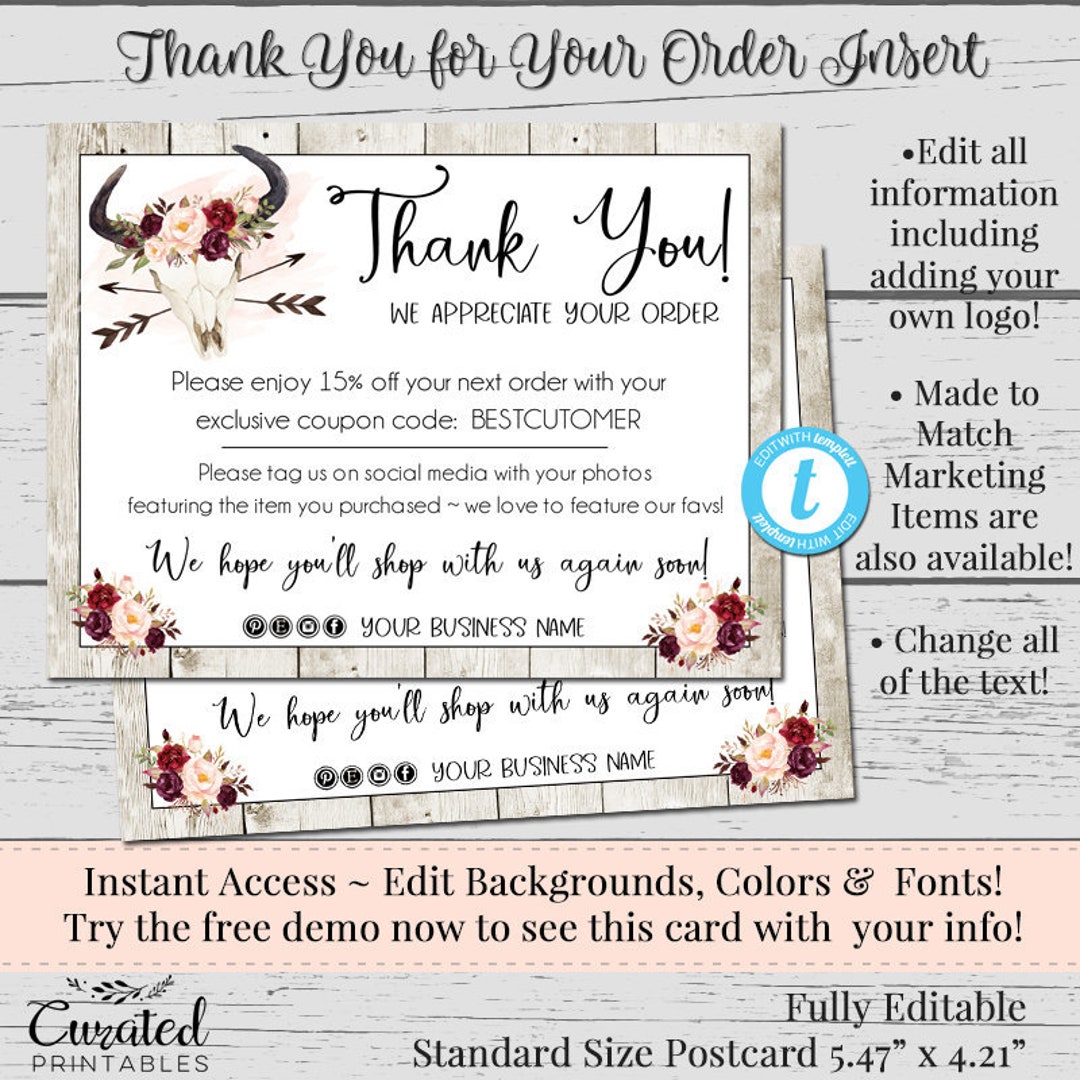DIY Thank You Postcards, Editable Postcards, Package Inserts, Order ...