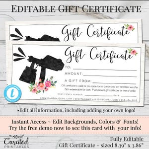 Spray Tan Gift Certificate, Editable Gift Certificate, Voucher, Printable Gift Cert, DIY Gift Certificate, Business Templates, Voucher