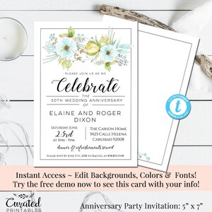 Anniversary Invitation, Editable Invitation, Instant Download, Wedding Printable, Wedding Anniversary Invite, DIY Wedding Invitation, Blue