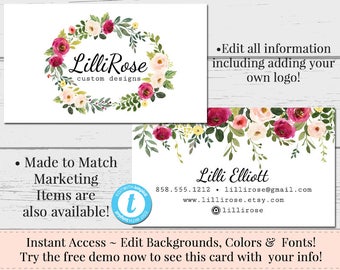 Floral Wreath Business Card, Business Card, Watercolor Card Template, DIY Business Card, Instant Download Card, DIY Floral Business Card