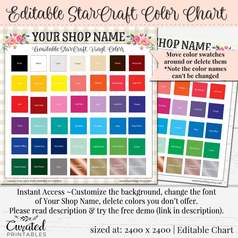 Editable Starcraft Vinyl Color Chart, Custom Color Chart, Vinyl