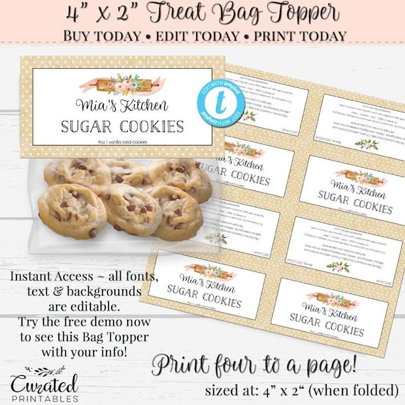 Treat Bag Topper, Cookie Bag Topper, Tent Fold Labels, Favor Bag Topper, Custom Bag Topper, Instant Download, Party Favor Topper, 4 x 2